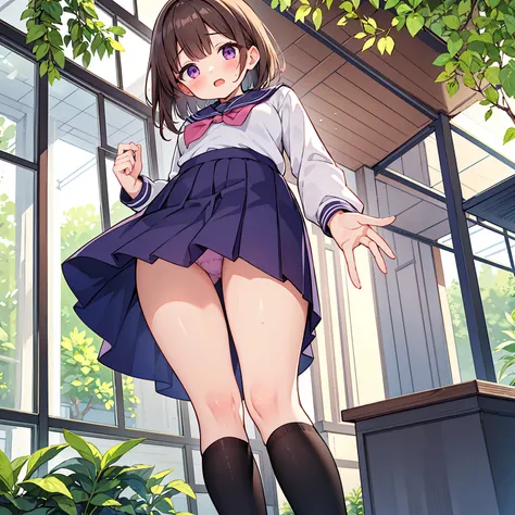 masterpiece,best quality,ultra detail, girl, short brown hair, purple eyes, short skirt, panties in sightsailor uniform,school garden, open mouth, shy, blush, detailed hands, detailed fingers, viewers view from below, (chibi:0.6), (chibi breast:0.6), very ...