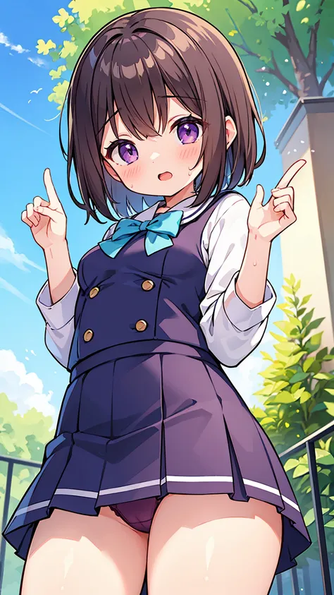 masterpiece,best quality,ultra detail, girl, short brown hair, purple eyes, short skirt, panties in sightsailor uniform,school garden, open mouth, shy, blush, detailed hands, detailed fingers, viewers view from below, (chibi:0.6), (chibi breast:0.6), very ...