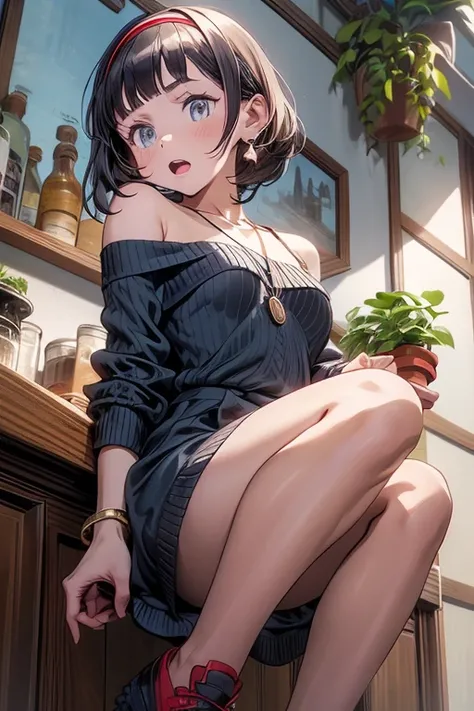 (small breasts:1.2), (perky chest:1.1), (pointed chest:1.0), (hand gun magazine cover:1.3)，(from below:1.2),(from side:0.9),masterpiece, 1girl, Amazing Cleavage:1.1, thin waist, big ass, Raised sexy, small breast: 1.2, posed cleavage:1.2、solo, open mouth, ...