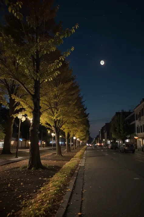 Night city with trees in autumn, con la luna llena de fondo