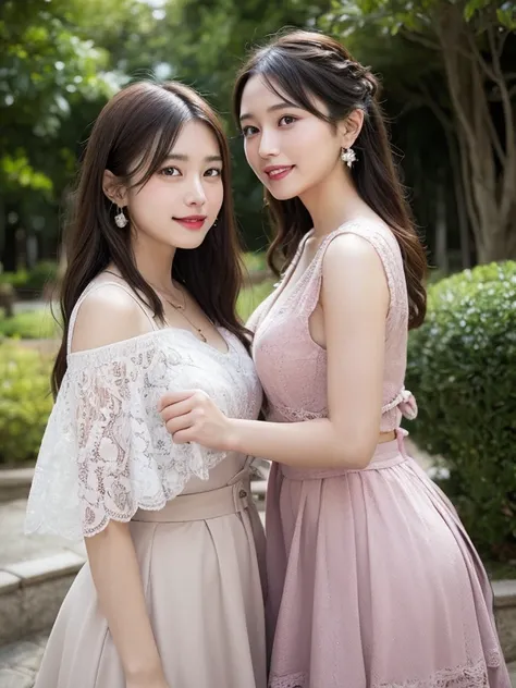 finely detail, hight resolution, hightquality、Perfect dynamic composition, Beautiful detailed eyes, twin-tail hair, Beautiful breasts 、Natural Color Lip, up of face,Kamimei、2 girls in、Transparent skin、Glowing hair、Pink luxury clothes、Fluffy skirt、intricate...