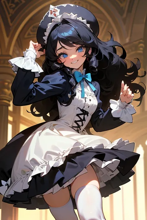 (masterpiece, best quality), warm lighting, blurry foreground, ((White ruff)), 1 girl, cowboy shot, ((victorian outfit)), (lolita attire), (((fluffy hair))), makeup, finely detailed, (best quality), (intricate details), ((Long jet black hair)), ((Hair is f...