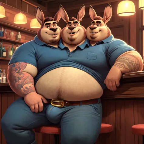 solo, kangaroo, three identical heads on one body, beards, kangaroo ears, masculine, long necks, (correct eyes), ear piercing, tattoos, adult, male, 50 years old, (stylized 3d, by disney, by rembrandt), by pixar:1.1, by dramamine, (fat, obese, flabby, dadb...