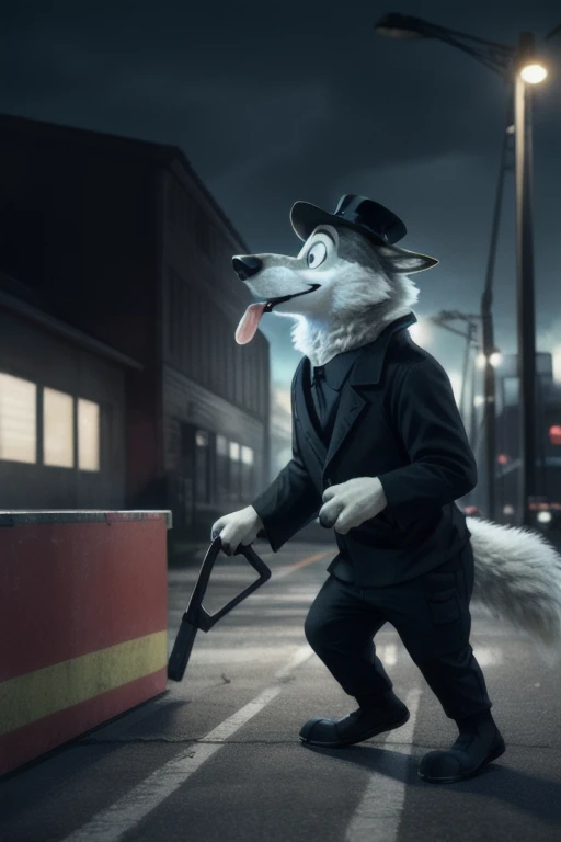 cute cartoon of a group of wolves (gary (zootopia)) using a small black bowler hat 19th century, wearing black worker uniform, solo, wolf, white fur, tongue out, full body image, pulling a lever that is on the ground with his two hands, BREAK, industrial f...