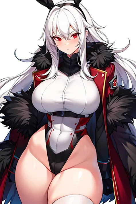 1girl, white hair, long hair, red eyes, serious, glowing eyes, large breasts, thick thighs, mature female, athletic  female, toned, leotard, black leotard, knife, fur trim, fur, fur-trimmed jacket