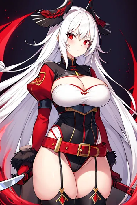 1girl, white hair, long hair, red eyes, serious, glowing eyes, large breasts, thick thighs, toned, leotard, black leotard, thighhighs, belt, knife, fur trim, fur