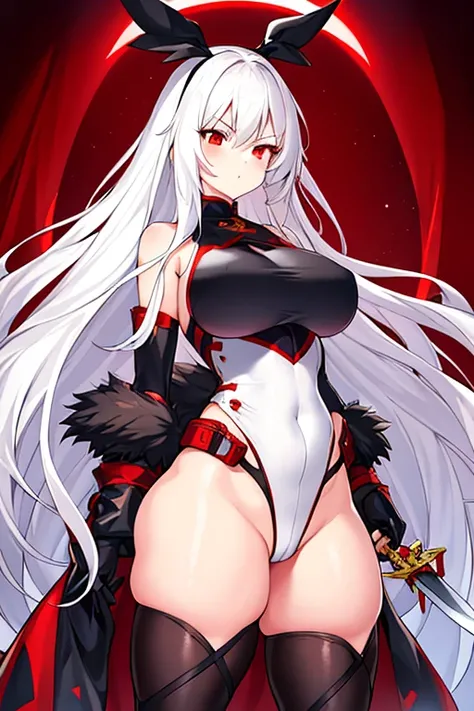 1girl, white hair, long hair, red eyes, serious, glowing eyes, large breasts, thick thighs, toned, leotard, black leotard, thighhighs, belt, knife, fur trim, fur