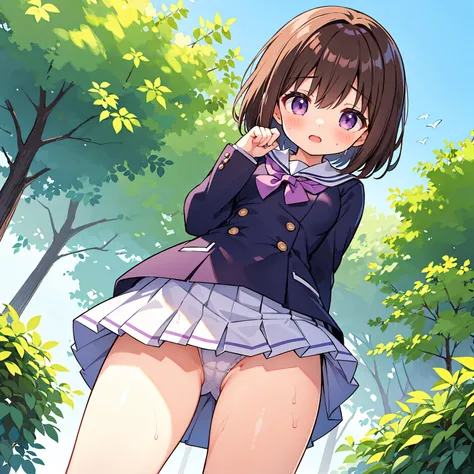 masterpiece,best quality,ultra detail, girl, short brown hair, purple eyes, short skirt, panties in sightsailor uniform,school garden, open mouth, shy, blush, detailed hands, detailed fingers, viewers view from below, (chibi:0.6), (chibi breast:0.6), very ...