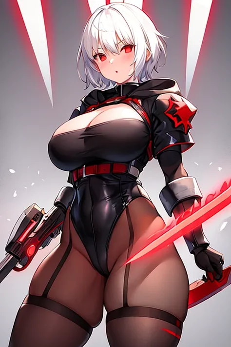 1girl, white hair, very short hair, red eyes, serious, glowing eyes, large breasts, thick thighs, athletic female, toned, leotard, black leotard, thighhighs, belt, knife, knifes, pantyhose, black pantyhose, hood, hood up, hood on, black hood,