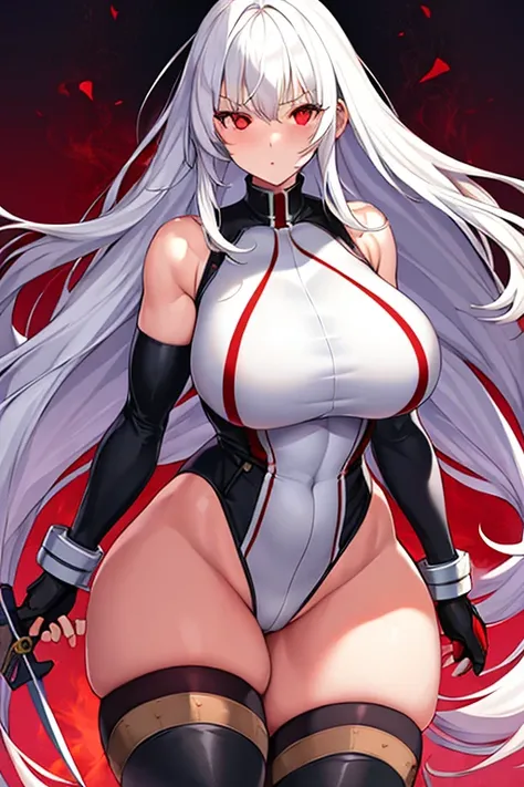 1girl, white hair, long hair, red eyes, serious, glowing eyes, large breasts, thick thighs, mature female, athletic  female, toned, leotard, black leotard, thighhighs, belt, knife, pantyhose