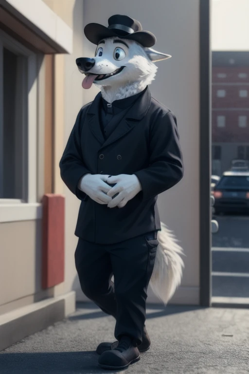 cute cartoon of a (gary (zootopia)) using a small black bob hat of 19th century, wearing black worker uniform, solo, wolf, white fur, tongue out, full body image, pulling a lever that is on the ground with his two hands, BREAK, door office background, (int...