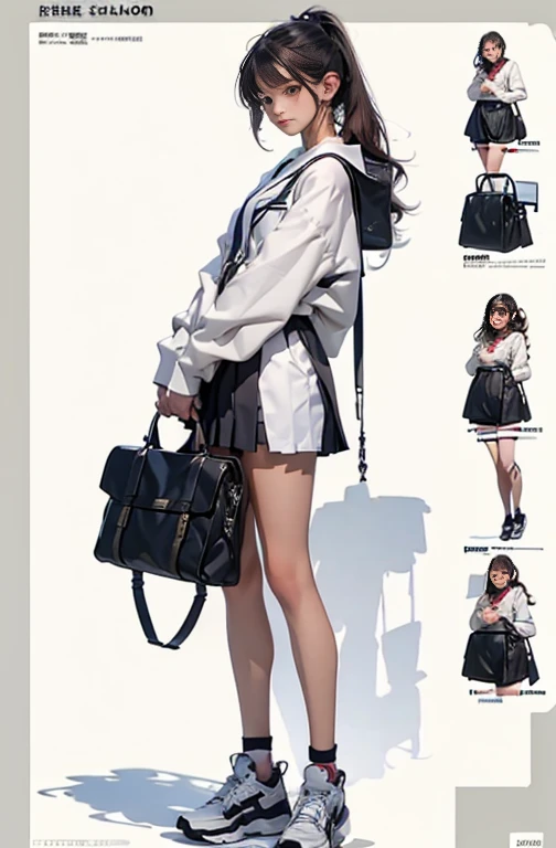 Illustration of a girl wearing for school, a short skirt for school, high technology hand bag for school, school satchel, Full body character sheet, Full body illustration, behance & dribbble hd, Full body painting, Detailed full body concept, Official cha...