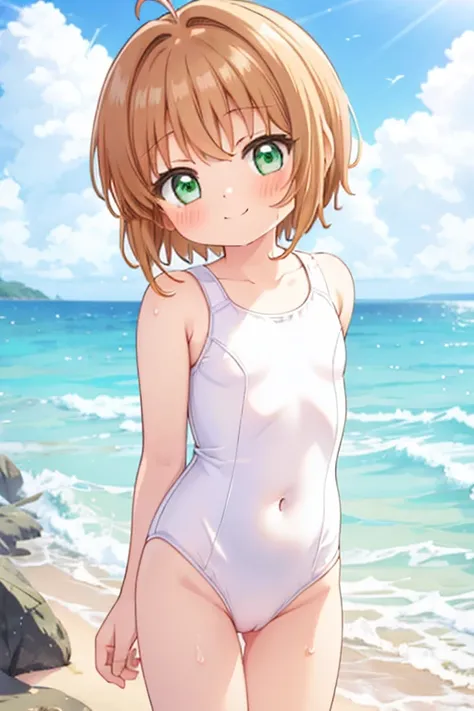 beach,1girl, kinomoto sakura, solo,white school swimsuit,white one-piece swimsuit, green eyes, pussy, brown hair, , short hair, navel、flat chest,blush,get wet,antenna hair,closed mouth,arms behind back,,looking at viewer,highleg swimsuit,smile