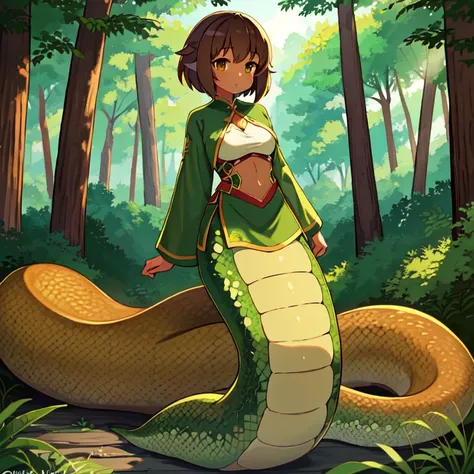 ((1girl)), brown hair hair, brown skin, lamia, olive-green scales, silky tail, best quality, high quality, highres, full body, wallpaper, masterpiece, 4k, 8k, standing, feminine clothing, forest, 