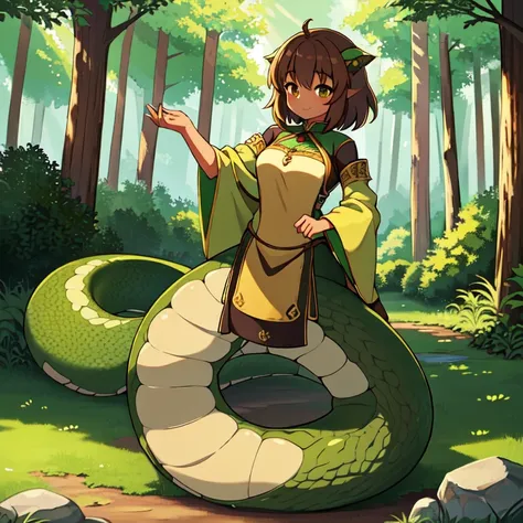 ((1girl)), brown hair hair, brown skin, lamia, olive-green scales, silky tail, best quality, high quality, highres, full body, w...