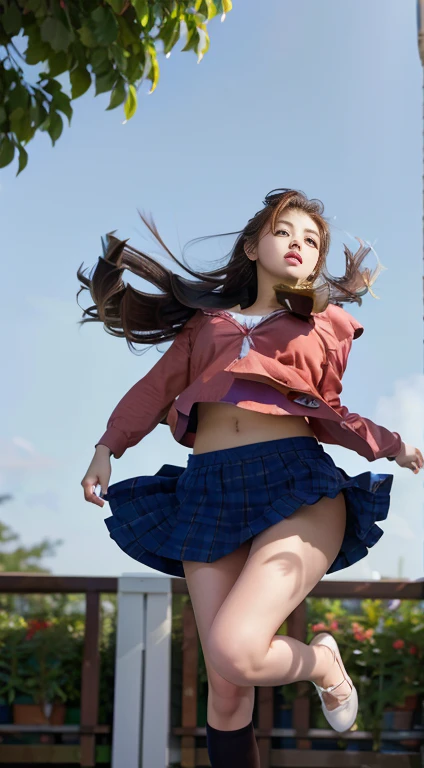 Big Jump、Angle from below、Hair blowing in the wind、typhoon、Flip Up Skirt、Flip-up skirt、Female university student、highest quality、Bokeh、super strong wind、