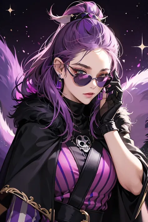 She has purple fur, a purple and darker purple striped tail, a black cape with a pink skull clasp, sunglasses, and a black hood that covers her ears and includes a piercing in her ear and a purple stripe on the top of her head. SPARKLE; GLITTER