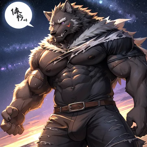 masterpiece,high quality,anime, ultra detailed
, Ripping off one&#39;s clothes, (shirtless:1.9)
, 毛むくじゃらの雄の黒Wolf, Wolf, great physique,Strong arms, manly
, Black outfit, Black tank top, Clothes that cling to muscles, (Tattered clothes:1.5), ((Excessive swe...