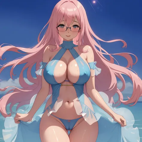 (masterpiece, best quality:1.2), cowboy shot,  ultra detailed 8k image, sharp image, (solo), (1girl):1.5, (glasses), long fluffy pink hair, hair blowing, gorgeous body, wide hips, slight smile, ((very sexy and transparent (wet blue nigthdress)) with expose...