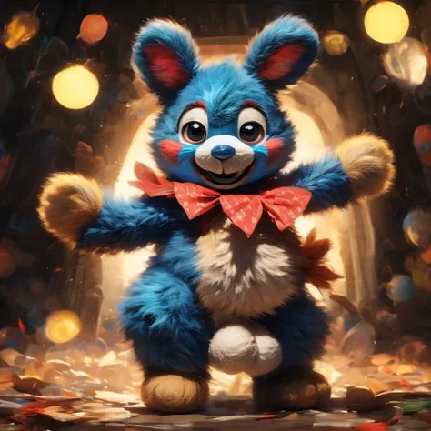 (best quality,highres:1.2), realistic, detailed illustration, Toy Bonnie from Five Nights at Freddys, playful and vibrant colors, cute and friendly expressions, adorable and fuzzy texture, in a style for kids, with emphasis on the facial features such as b...