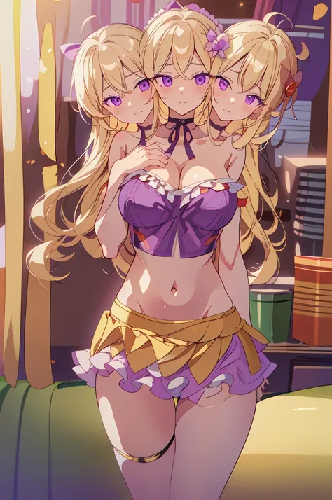 (masterpiece, best quality), best quality, (ultra-detailed), (3 heads:1.5), 1girl, (yakumo yukari:1.3), masterpiece, best quality, ultra quality, ultra resolution, ultra detail, purple top, crop top, ((stomach)), midriff, ((groin)), purple skirt, frilled s...