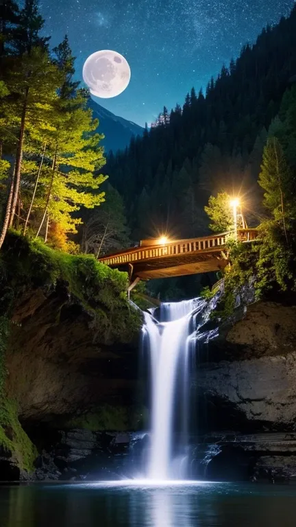 Full moon night, Mountain, waterfall, forest.