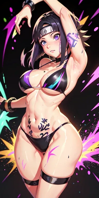 ((hinata naruto)), big tits, purple hair, purple eyes, purple bikini, ((graffiti)), ((black background)), ((abstract)), thin, sexy, submissive, spraypaint, blotches, ((dynamic)),