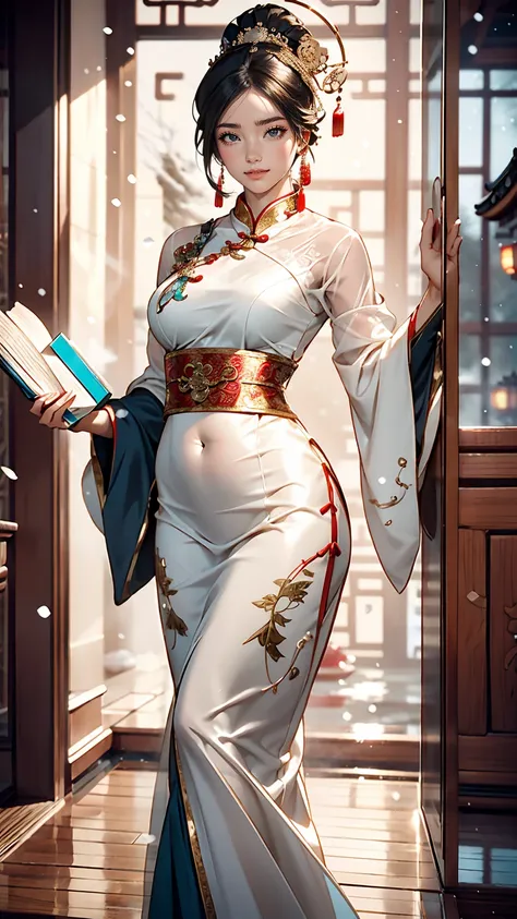 An elegant and intelligent classical Chinese woman, Wear a belly band, Standing at the door with a smile, Her skin is brighter than snow, Her eyes are like pools of clear water. There is a faint book-like atmosphere.