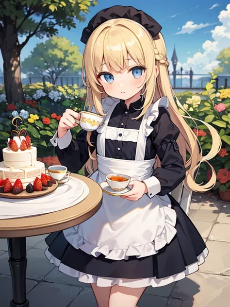 masterpiece, highest quality, Very detailed, 16k, Ultra-high resolution, 12 year old girl, Detailed face, blue eyes, blonde, Braiding, Blue Dress, White apron, blue sky, garden, Red Rose, White tablecloth, Chair, Cake and tea, Chairに座る, Drinking tea