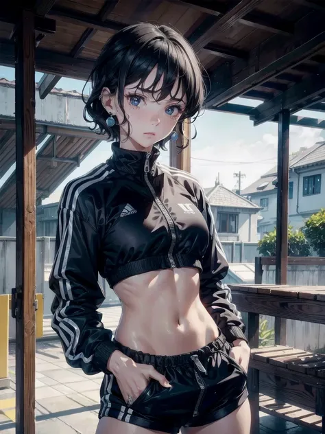 tracksuit, midriff, absurdres, RAW photo, extremely delicate and beautiful, masterpiece, Best Quality, ultra high resolution, 32k, hyperrealistic, ultra-detailed, perfect figure, tearful mole, earring, whole body shot, short medium hair, wavy hair,