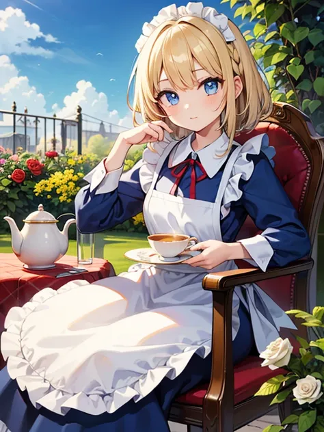 masterpiece, highest quality, Very detailed, 16k, Ultra-high resolution, 12 year old girl, Detailed face, blue eyes, blonde, Braiding, (Blue Dress, White apron), blue sky, garden, Red Rose, White tablecloth, Cake and tea, Chair, Chairに座る, Drinking tea