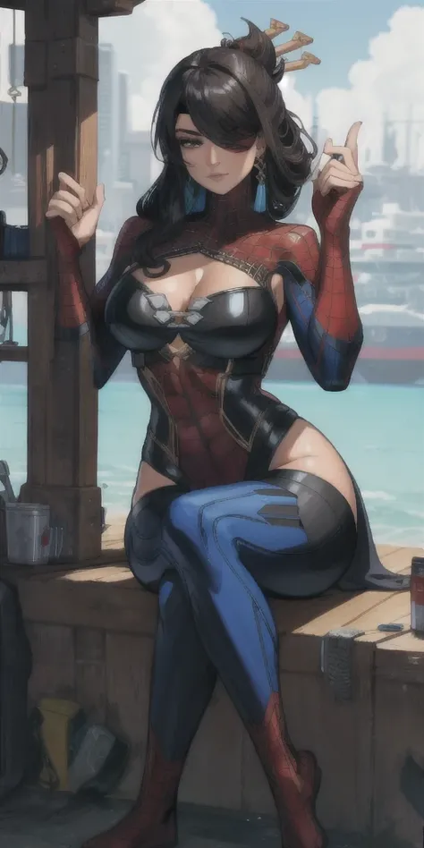 spiderman style, marvel, Beautiful woman, mercenary, heroic, , sitting cross-legged, wet beachwear, long breasts, detailed realistic cyberpunk style, black hair, masterpiece, extreme quality, perfect eyes, perfect body, perfect face, cinematic light, digit...