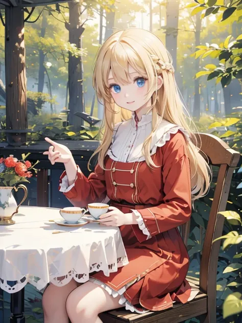 (8k, highest quality, Tabletop:1.2)、Ultra-high resolution, Detailed face, One 65-year-old woman, blue eyes, Blonde, Long Hair, Red dress, blue sky, in the forest, wood々, table cloth, Set of cake and tea on the table, Sit on a chair