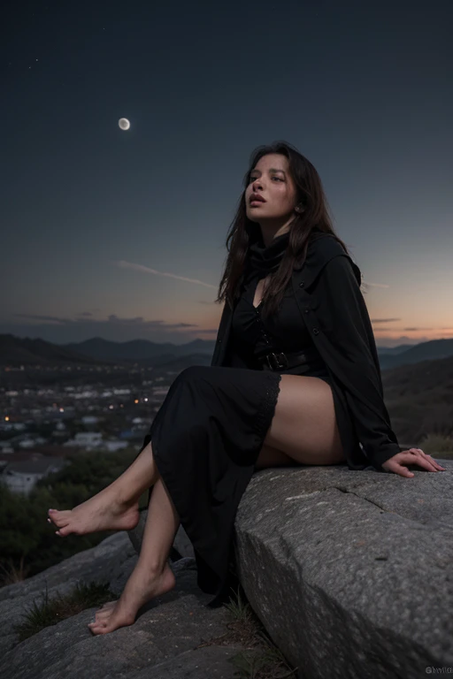 a girl sitting on a rock, howling to the moon, perfect face, perfect curved body, foot long hair, black cloak, dark moon, night background, UHD, intricate, stunning scene, best quality