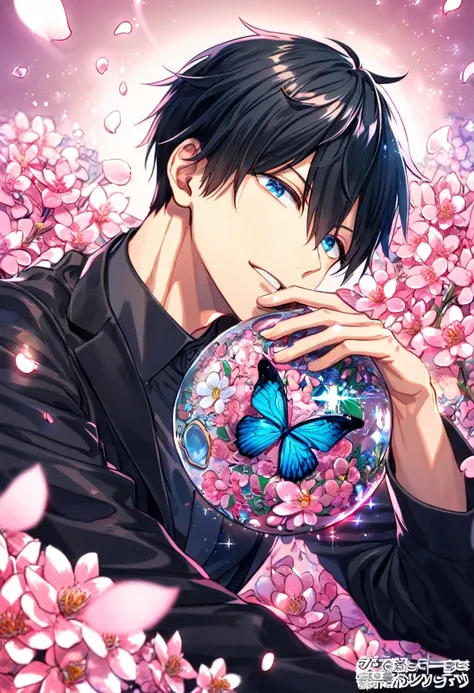 absurdres, highres, ultra detailed, HDR, master piece, best quality, Uenoyama Ritsuka, black hair, expressive blue eyes, Given, solo, sexy man, handsome, black jacket, black shirt, sitting, pink butterflies, petals, pink flowers, magical, fantasy, glitteri...