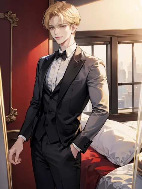 Masterpiece, best quality, finely details, red eyes, short blonde hair, smirk facial expression, white shirt, elegant, black suit, black pants.