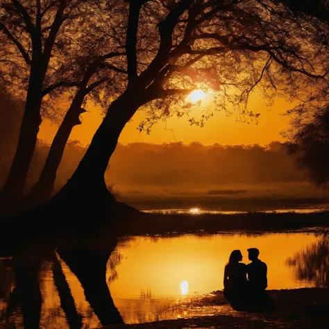 Silhouette of a couple under a tree by a stream. Tree at; beira de um rio. Couple under a tree. Homem de cabelos grisalhos com uma mulher jovem 