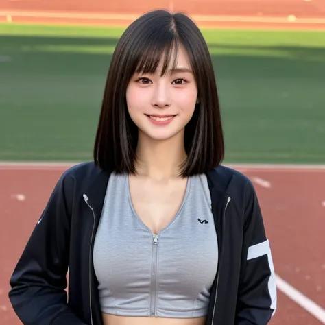 (kawaii 24 year-old Japanese girl, Nogizaka idol, Korean idol, track and field player), healthy female athlete body, glossy black hair, (very short hair, bangs:1.2), beautiful black eyes, rounded face, single eyelid, (no makeup:1.2), (big laughing), (long ...