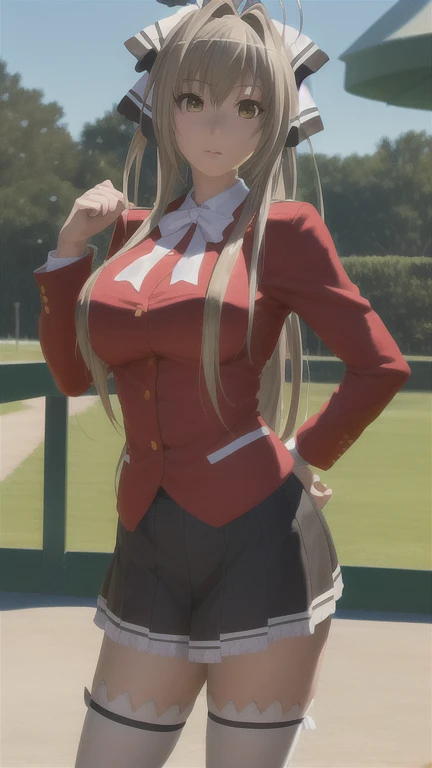 1 chica, sento isuzu, uniforme-isuzu, solo, de pie, feliz, parque de atracciones,   (ultra high resolution,mejor calidad), profe...