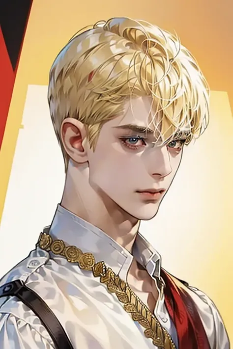 Young guy, (((blond short hair))), (((red-eyes))), Cheerful expression on his face, ((Perfect eyes)), ((Equal Eyes)), Extremely detailed, portraite of a, (((1 guy))), (((A detailed eye))), (solo), (((athletic physique)))