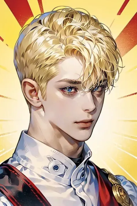 Young guy, (((blond short hair))), (((red-eyes))), Cheerful expression on his face, ((Perfect eyes)), ((Equal Eyes)), Extremely detailed, portraite of a, (((1 guy))), (((A detailed eye))), (solo), (((athletic physique)))