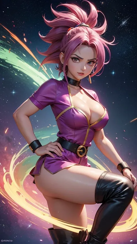 Caulifla guerrera saiyajin, dragon ball super, traje iconico mini top color magenta y mini short ajustado color magenta, black boots and a green belt, torneo del poder, sexy, hermosa, poderosa, abdomen tonificado, cuerpo muy delgado, skinny body, pose de c...