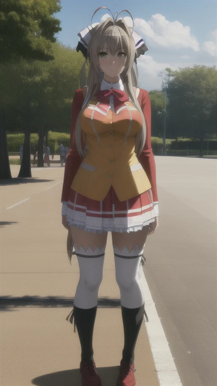 1 chica, Sento Isuzu, uniforme-isuzu, solo, de pie, feliz, parque de atracciones,   (ultra high resolution,mejor calidad), physically based rendering, high resolution,