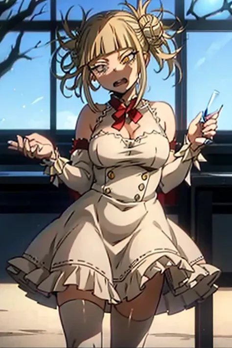 himiko toga, from boku no hero academia, beautiful young woman, himiko toga is a young woman with short blonde hair with two pompoms and yellow eyes and cats pupils, wearing a wedding dress on her knees with her legs open, in a house with her back to a gla...