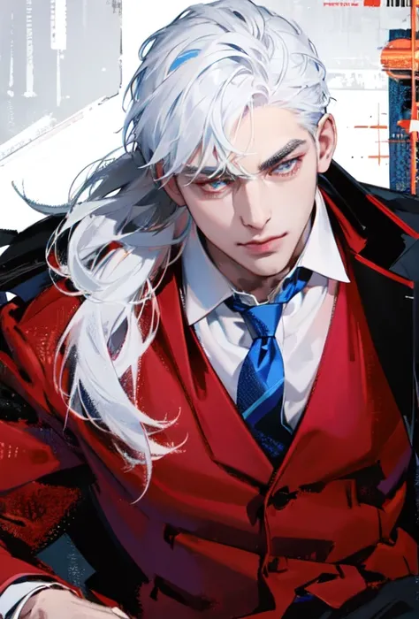 Hot ceo guy with a red tie, and deep blue blazer. White hair.