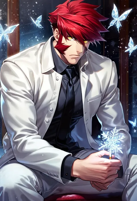 absurdres, highres, ultra detailed, HDR, master piece, best quality, extremely detailed face and eyes, Klaus Von Reinhertz, red hair, expressive yellow eyes, Kekkai Sensen, solo, sexy man, handsome, toned chest, white coat, black necktie, black shirt, sitt...