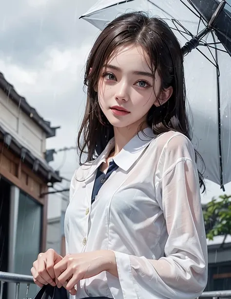 (RAW Shooting, Photo realism:1.5, 8K, best quality, masterpiece, Ultra-high resolution), Perfect dynamic composition:1.2, night, Street corner, look up at the sky:1.3, (((Typhoon Heavy Rain))), Highly detailed skin and facial texture:1.2, Slim high school ...