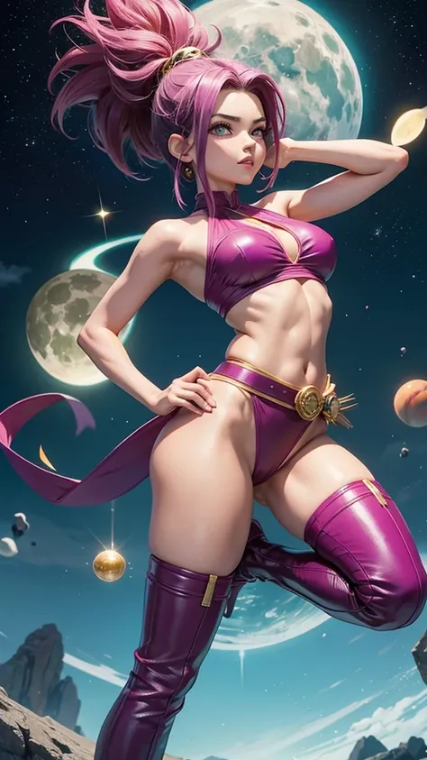 Caulifla guerrera saiyajin, dragon ball super, semidesnuda, traje iconico sexy color magenta y morado, brazaletes negros, black boots and a green belt, torneo del poder, sexy, hermosa, poderosa, abdomen tonificado, cuerpo muy delgado, skinny body, puedo vw...