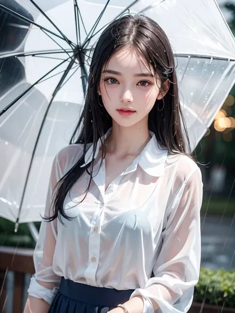 (RAW Shooting, Photo realism:1.5, 8K, best quality, masterpiece, Ultra-high resolution), Perfect dynamic composition:1.2, night, Street corner, look up at the sky:1.3, (((Typhoon Heavy Rain))), Highly detailed skin and facial texture:1.2, Slim high school ...