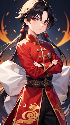 Three Kingdoms、Boy in ancient Chinese costume、Intelligent boy、Looking into the camera、There is a topknot on the head、Long sleeve、Hanfu、Black Hair、Standing and posing with arms crossed、part your bangs in the middle、Pixel art、Pixel art、